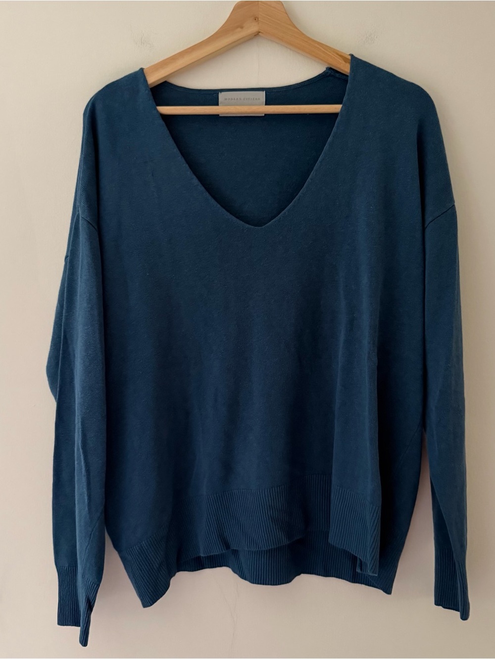 Modern Citizen Linen Blend Swetaer Teal Blue V-Neck Size Medium Minimalist